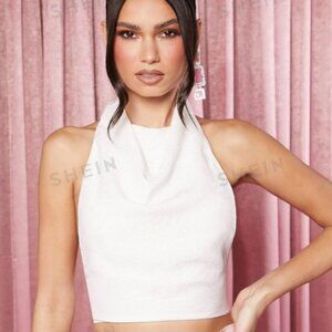 Draped Front Backless Knot Back Crop Halter Top